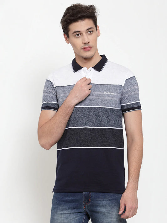 Men Grey  Navy Striped Polo Collar T-shirt