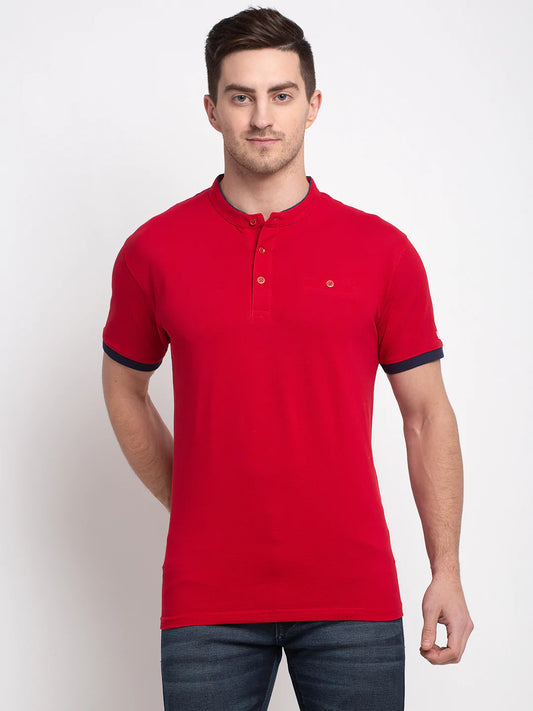 Men Red Solid Henley Neck T-shirt