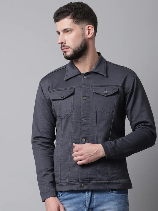 Men Grey Denim Cotton Jacket with Patchwork