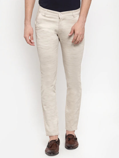 Men Beige Slim Fit Striped Regular Trousers