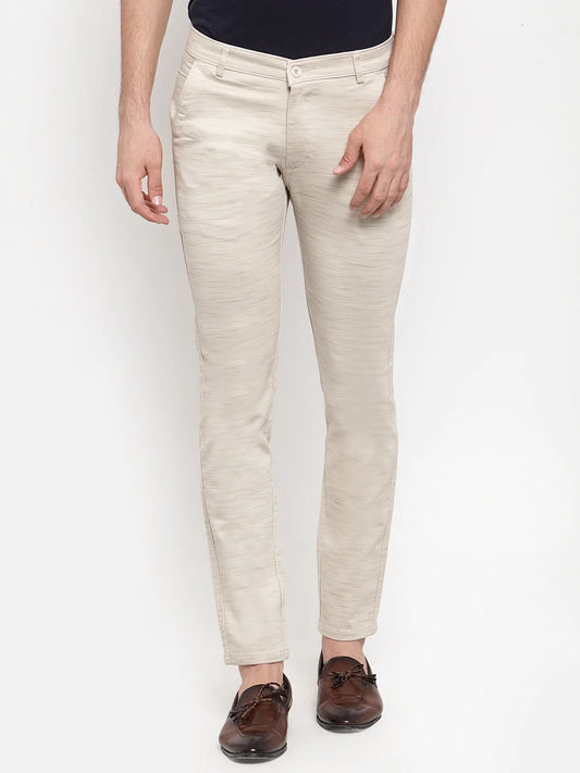 Men Beige Slim Fit Striped Regular Trousers
