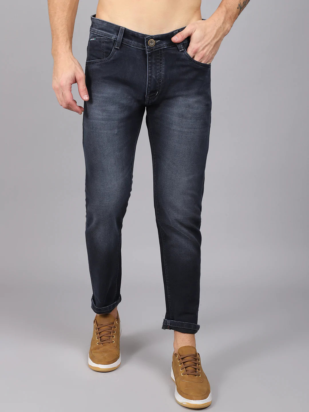 Men Blue Slim Fit Low Distress Heavy Fade Stretchable Jeans
