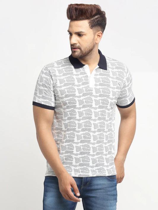 Men White Printed Polo T-Shirts