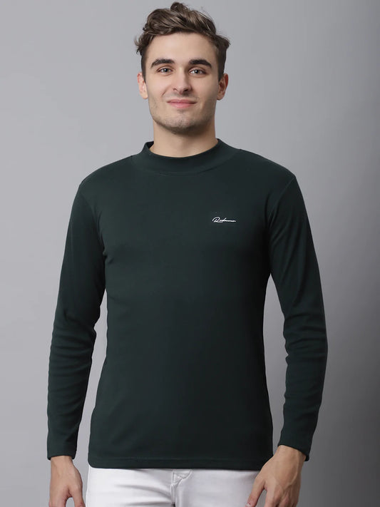 Men Green Cotton High Neck Solid Slim Fit T-shirt