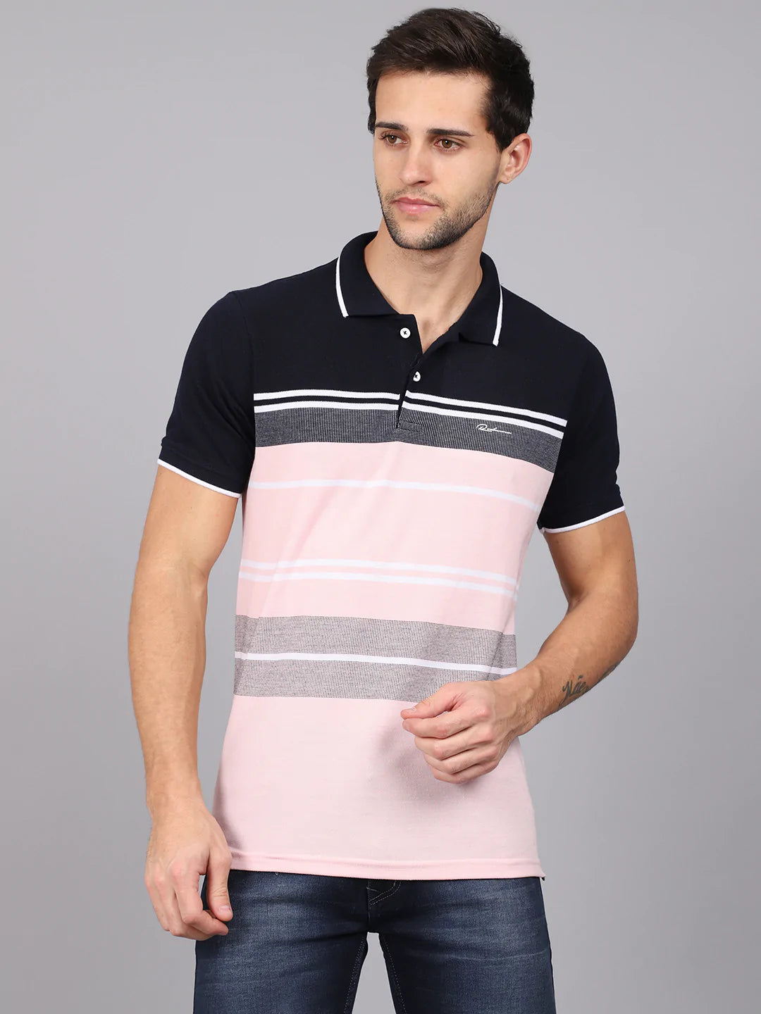 Men Pink  Black Striped Polo Collar Slim Fit T-shirt