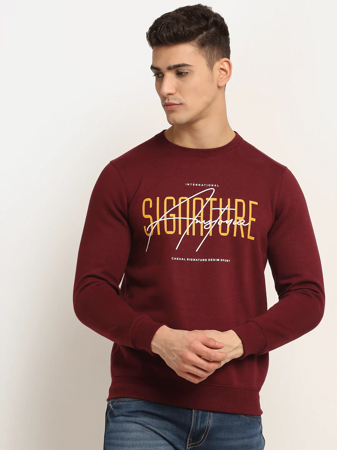 Men Maroon Printed Fleece Sweatshirt