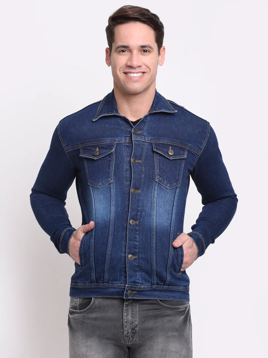 Men Blue Washed Colourblocked Denim Jacket