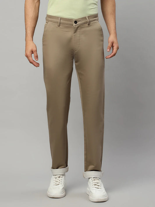 Men Khaki Solid Slim Fit Cotton Chinos