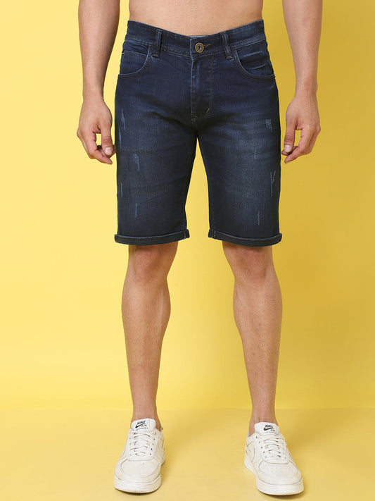 Men Blue Washed Slim Fit Cotton Denim Shorts