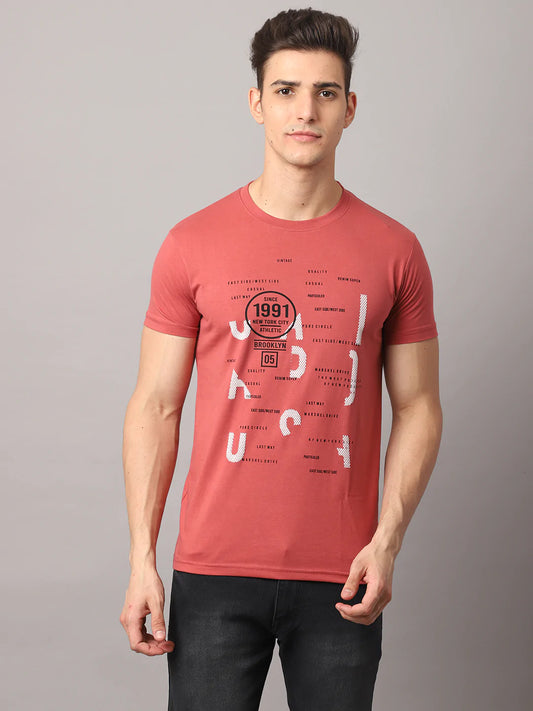 Men Peach-Coloured Typography Printed Slim Fit T-shirt