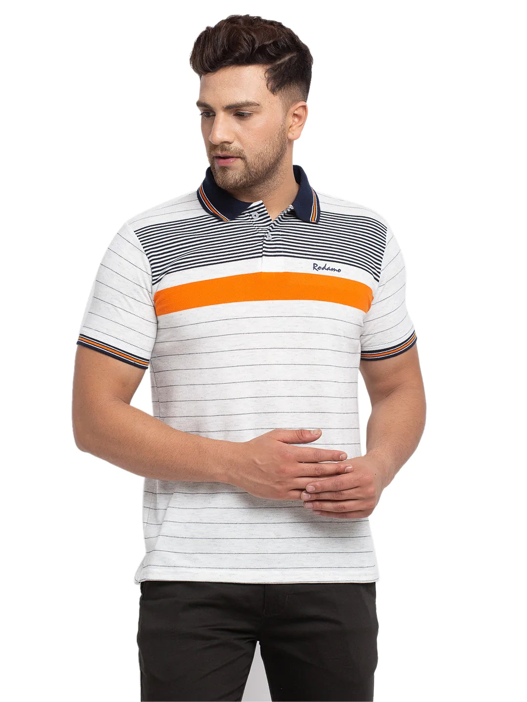 Men Off-White Striped Polo Collar T-shirt