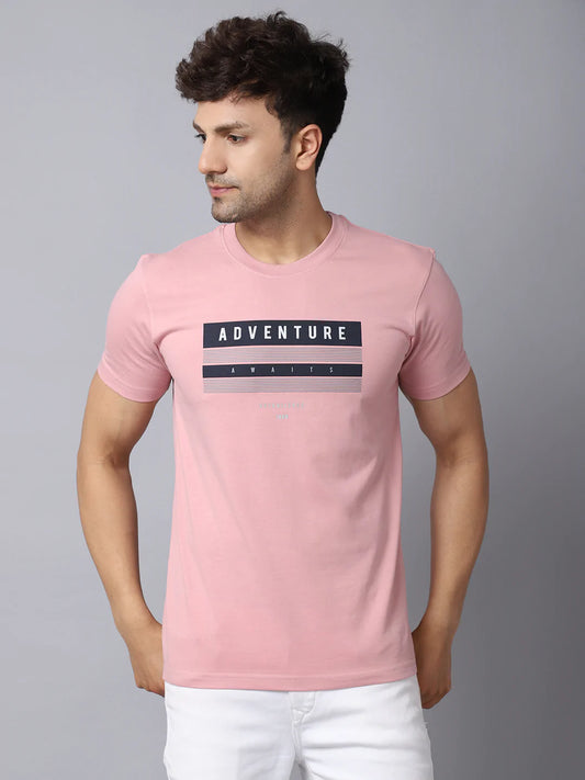 Men Pink Typography Printed Raw Edge Slim Fit T-shirt
