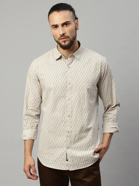 Men Beige Slim Fit Printed Casual Shirt