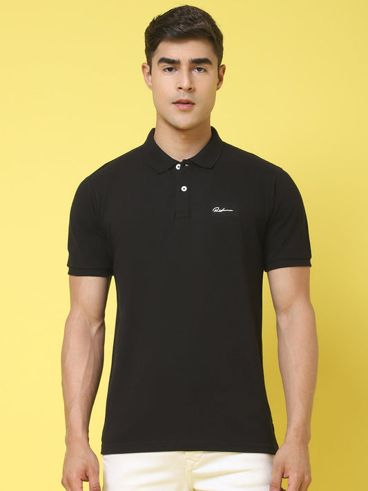 Polo Collar Black Slim Fit Cotton T-Shirt