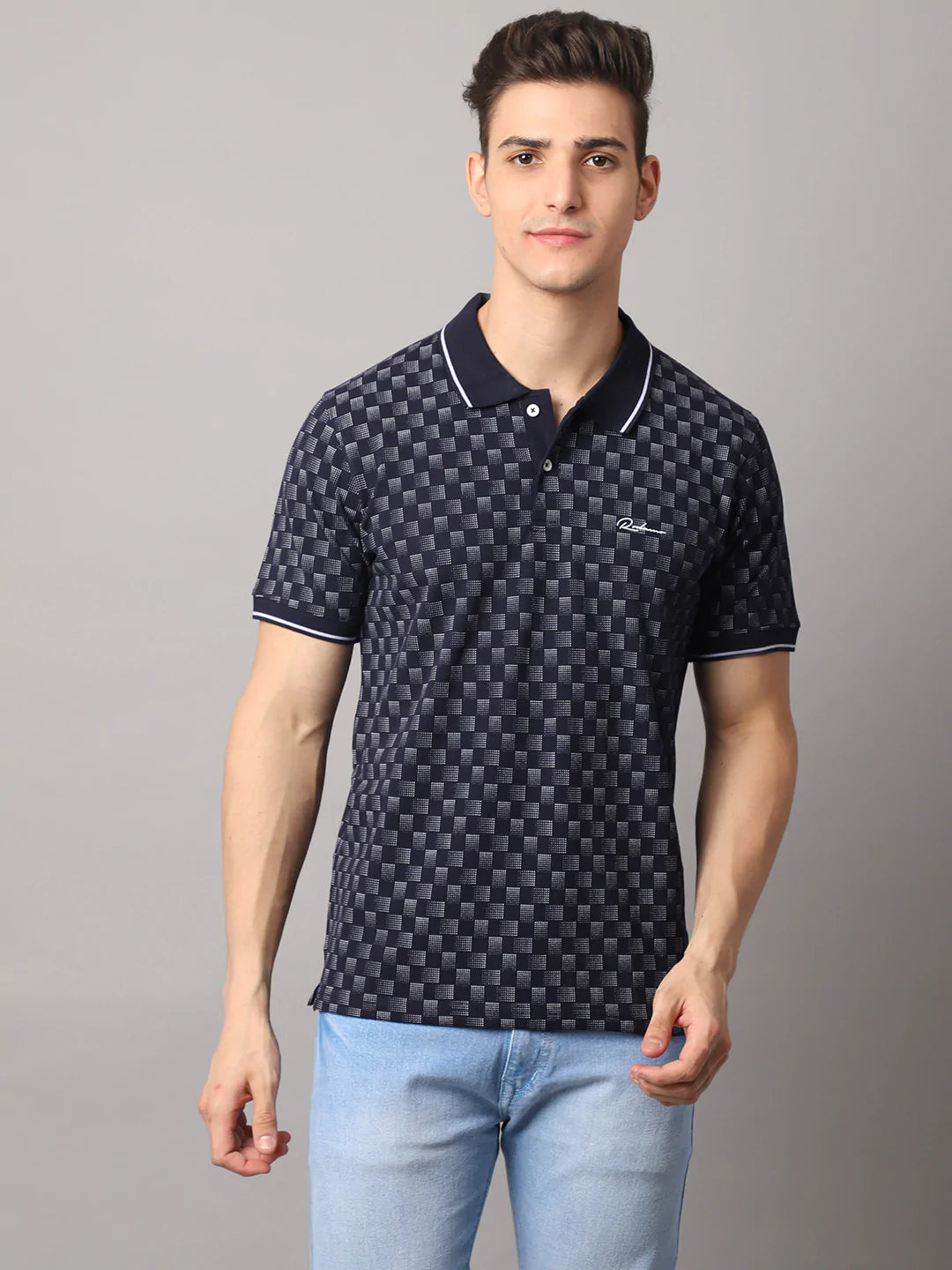 Men Navy Blue Printed Polo Collar Slim Fit Cotton T-shirt