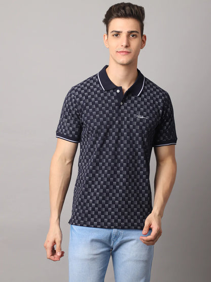 Men Navy Blue Printed Polo Collar Slim Fit Cotton T-shirt