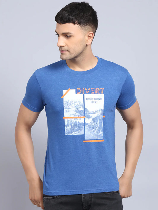 Men Blue  White Printed Slim Fit Cotton T-shirt