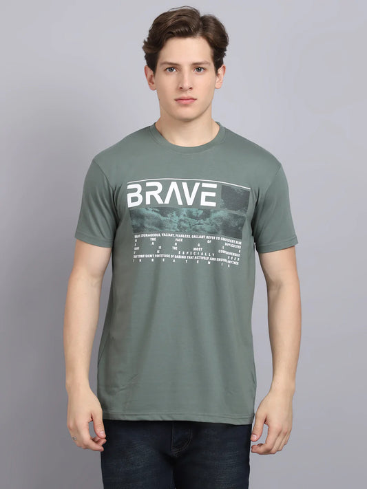 Men Grey Printed Applique Slim Fit T-shirt