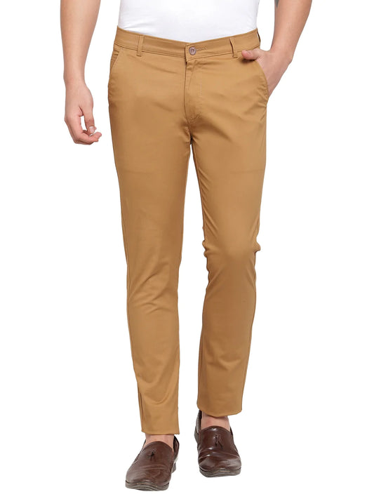 Men Brown Slim Fit Solid Regular Trousers