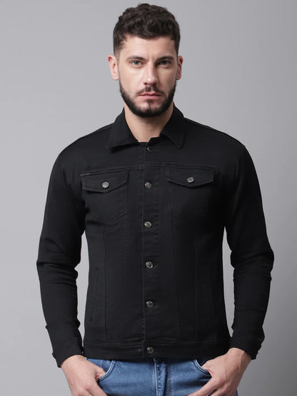 Men Black Denim Cotton Jacket with Patchwork