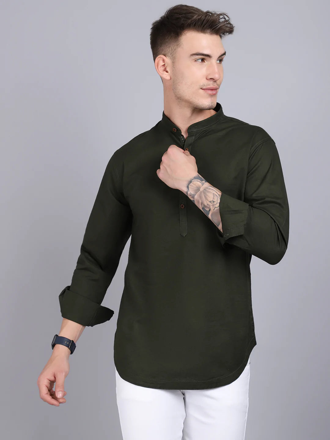 Men Green Solid Slim Fit Casual Kurta