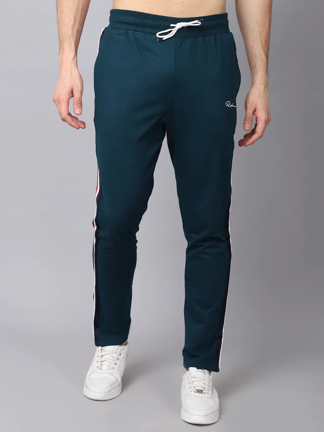 Men Teal Green Solid Slim Fit Track Pants With Side Stripes