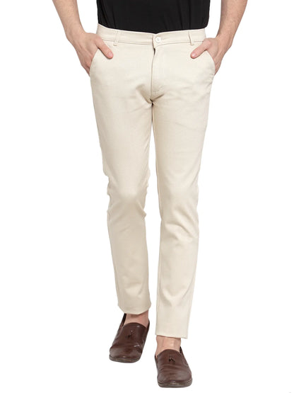 Men Beige Slim Fit Self Design Regular Trousers