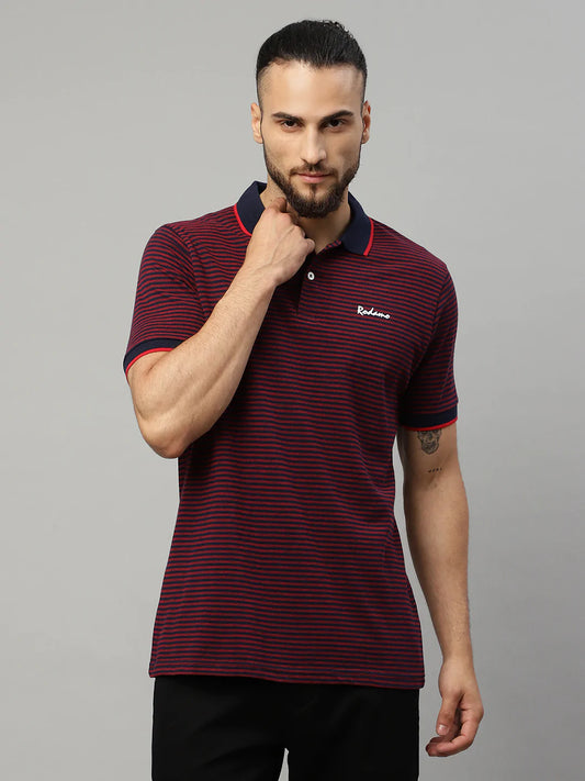 Men Multicoloured Striped Polo Collar T-shirt