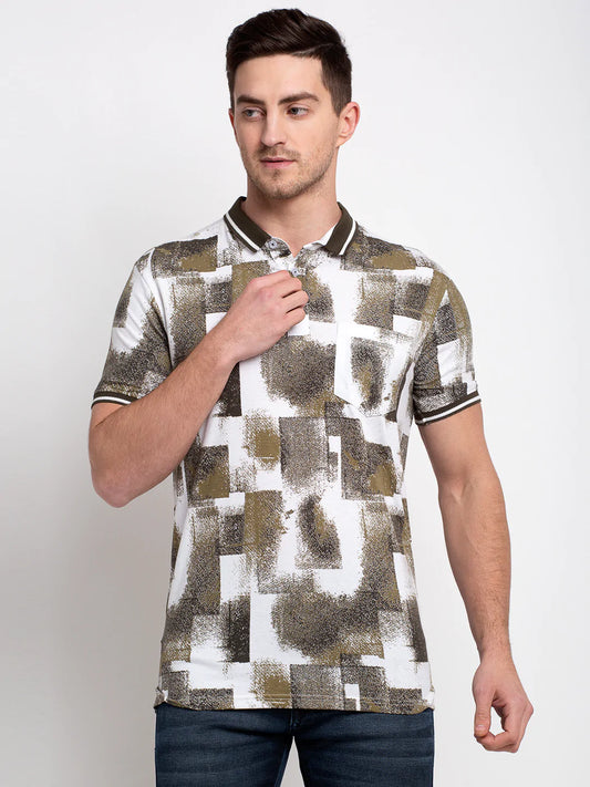 Men White  Olive Green Printed Polo Collar T-shirt