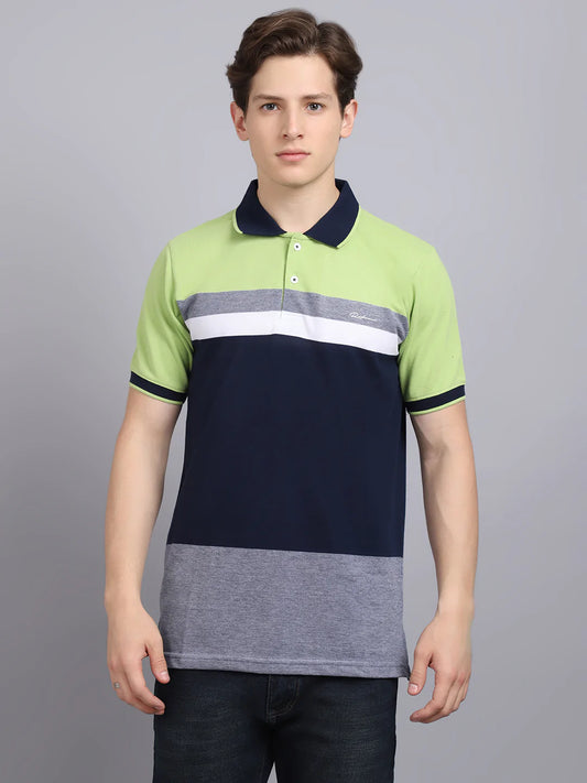 Men Multicoloured Colourblocked Polo Collar Slim Fit T-shirt