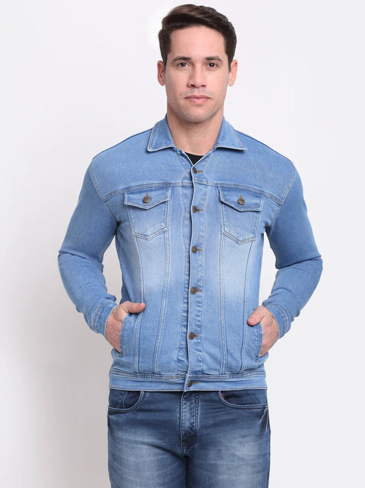 Men Blue Washed Denim Jacket with Patchwork