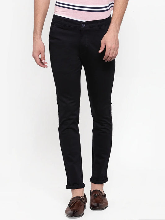 Men Navy Blue Slim Fit Solid Regular Trousers