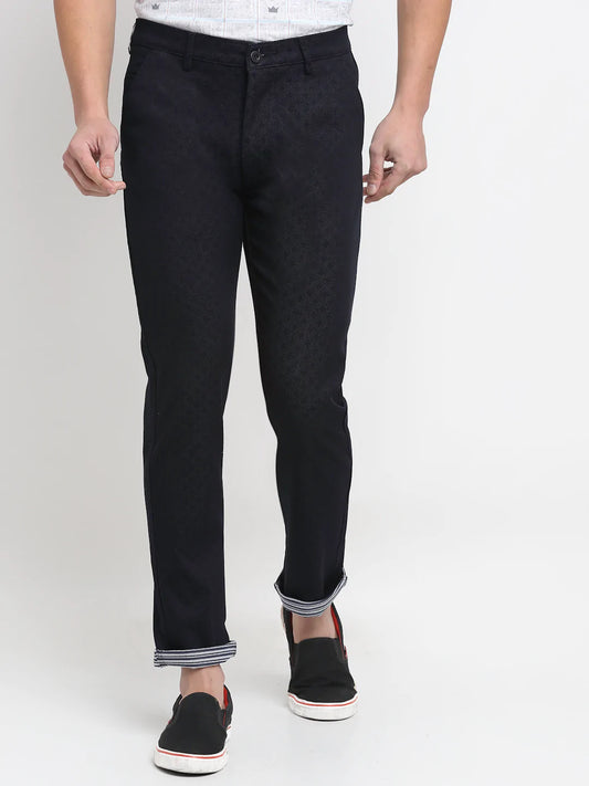 Men Navy Blue Textured Slim Fit Trousers