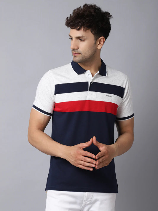 Men Multicoloured Striped Polo Collar Slim Fit T-shirt