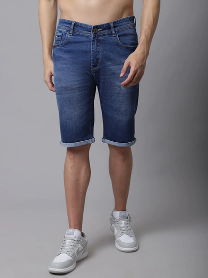 Men Blue Washed Slim Fit Cotton Denim Shorts