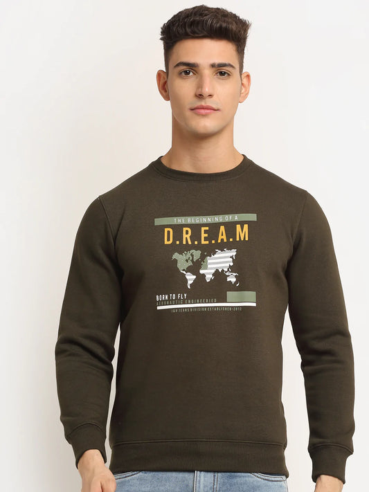 Men Olive Green Printed Fleece Sweatshirt