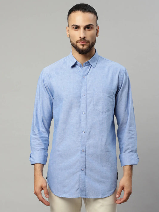 Men Blue Solid Slim Fit Cotton Casual Shirt