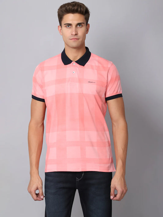 Men Pink  impatiens pink Checked Polo Collar Slim Fit T-shirt