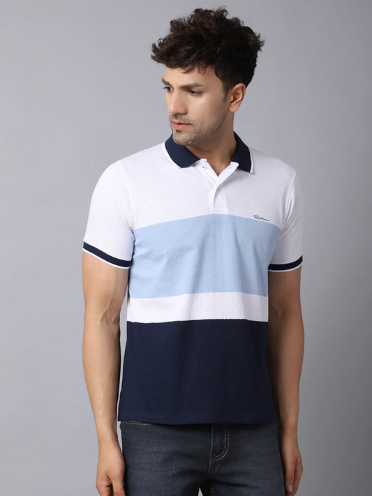 Men Multicoloured Striped Polo Collar Slim Fit T-shirt