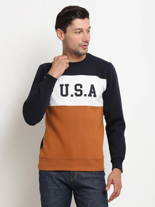 Men Mustard Yellow  White Colourblocked Fleece Sweatshirt