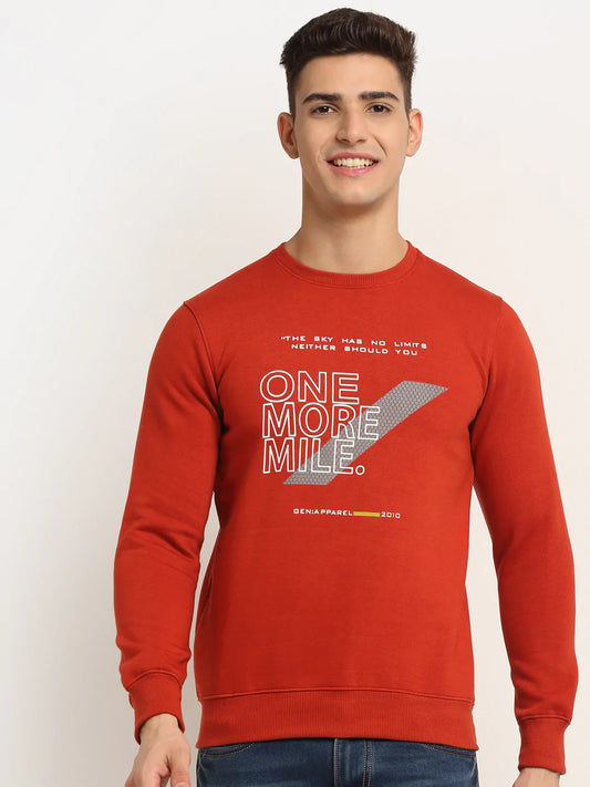 Men Red Typography Printed Round Neck Fleece Sweatshirt