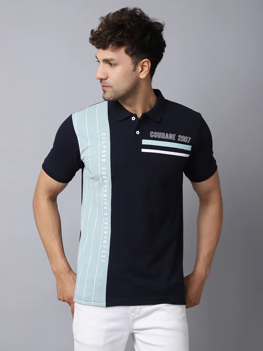 Men Multicoloured Striped Polo Collar Slim Fit T-shirt