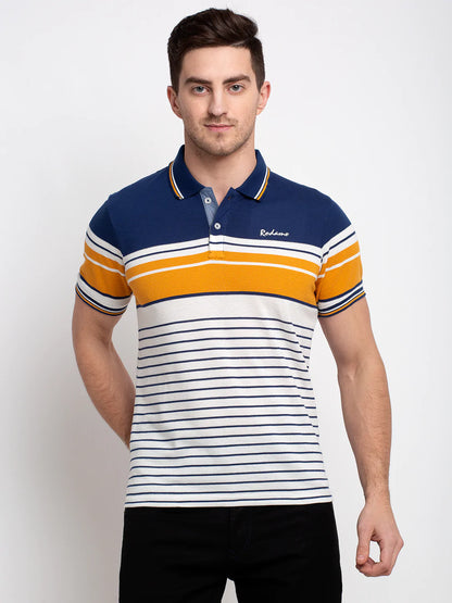 Men Multicoloured Striped Polo Collar T-shirt