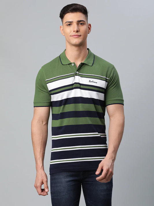 Men Olive Green  Black Striped Polo Collar Slim Fit T-shirt