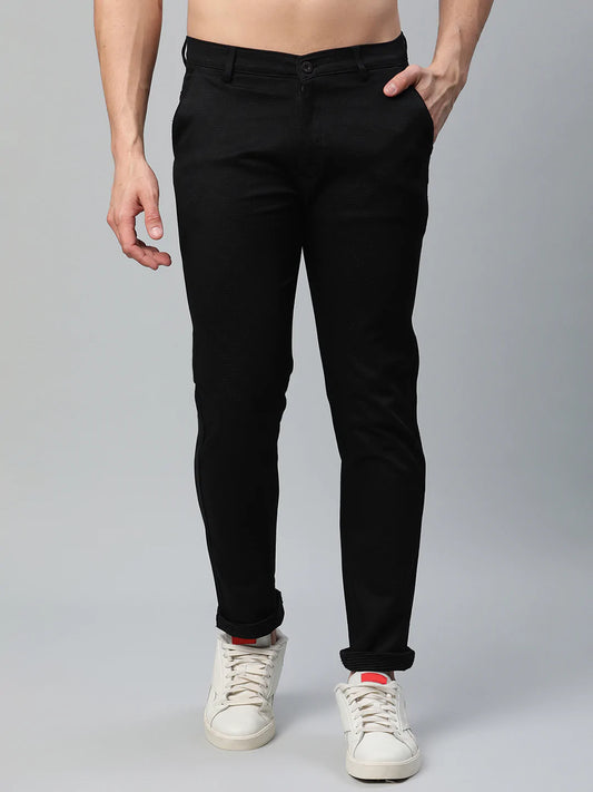 Men Black Solid Slim Fit Mid-Rise Trousers