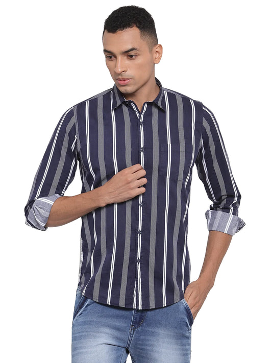 Men Navy Blue Slim Fit Striped Shirts