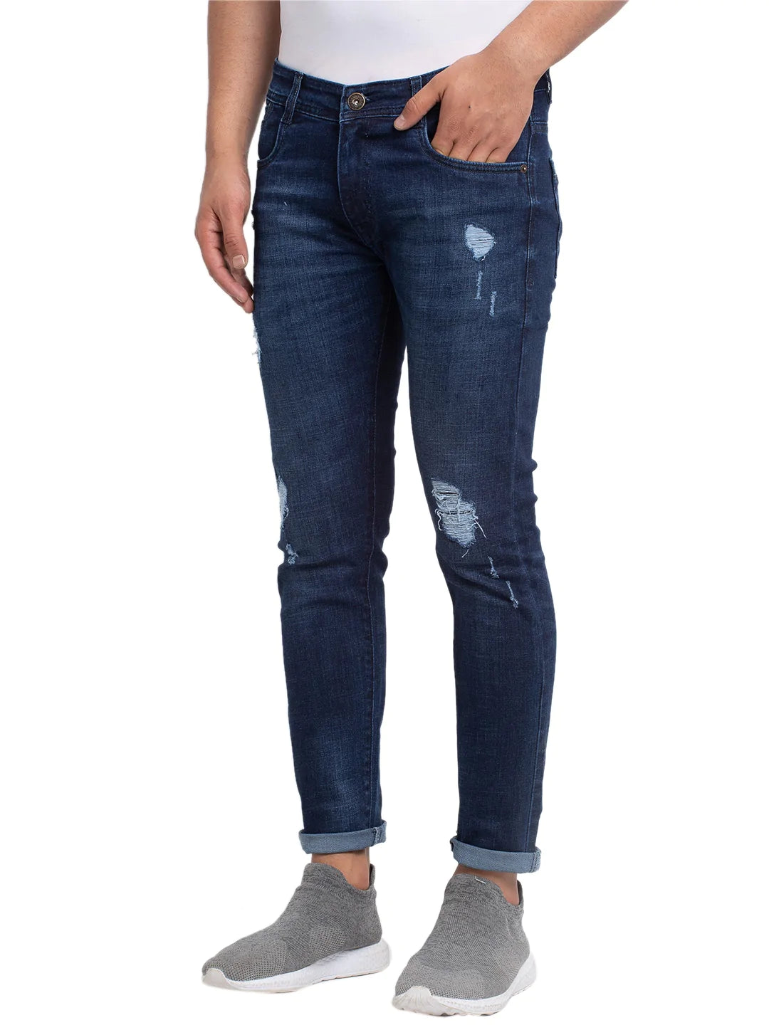 Men Blue Slim Fit Mid-Rise Low Distress Jeans
