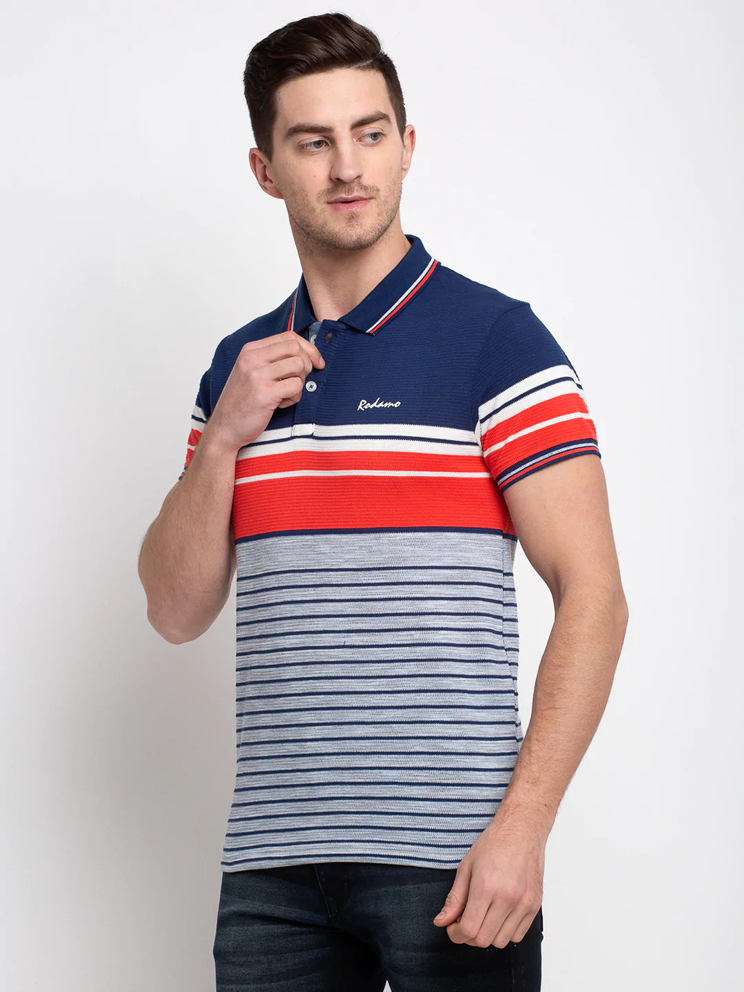 Men Multicoloured Striped Polo Collar T-shirt