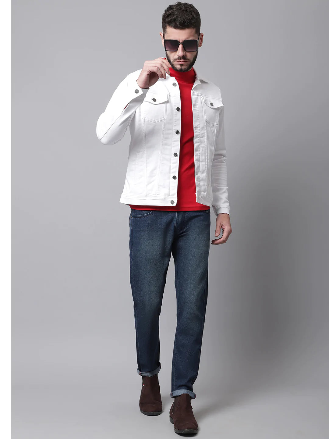 Men White Crop Denim Cotton Jacket with Patchwork