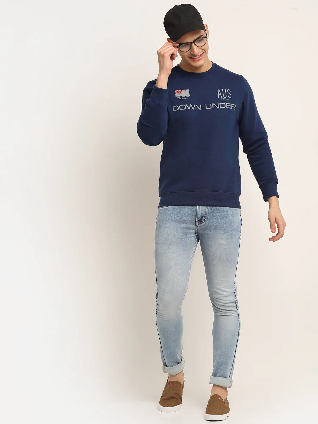 Men Blue Fleece Printed Sweatshirt